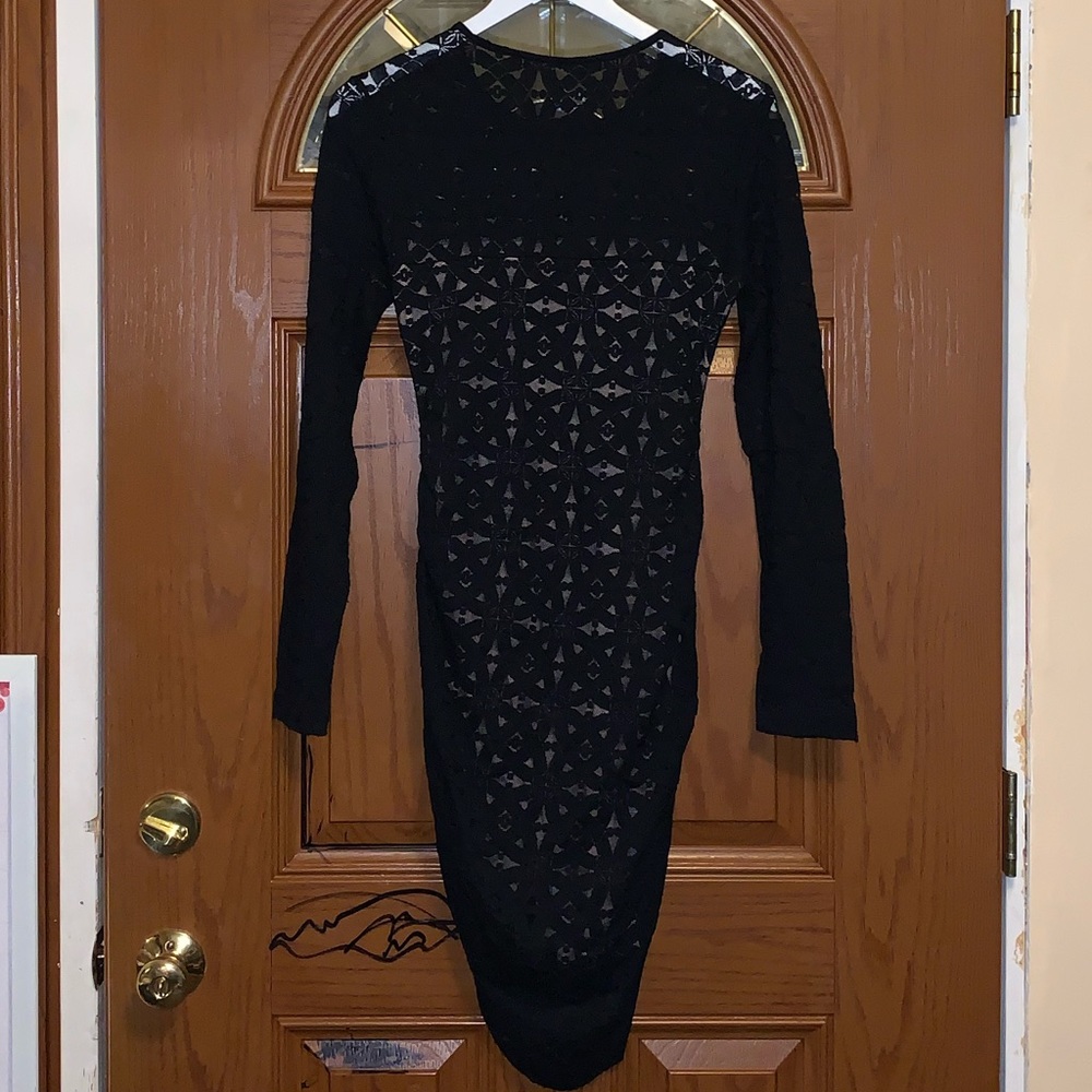 BCBGMaxAzria Alesandra Black Lace Long Sleeve Ruched Dress With Zipper Detail - Picture 11 of 16